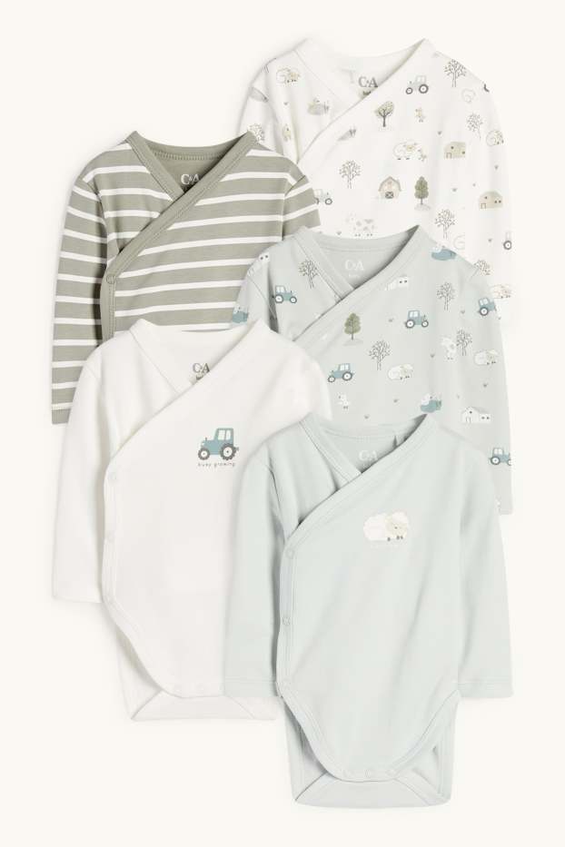 Baby Boys - Multipack of 5 - farmyard - wrapover baby bodysuit - mint green