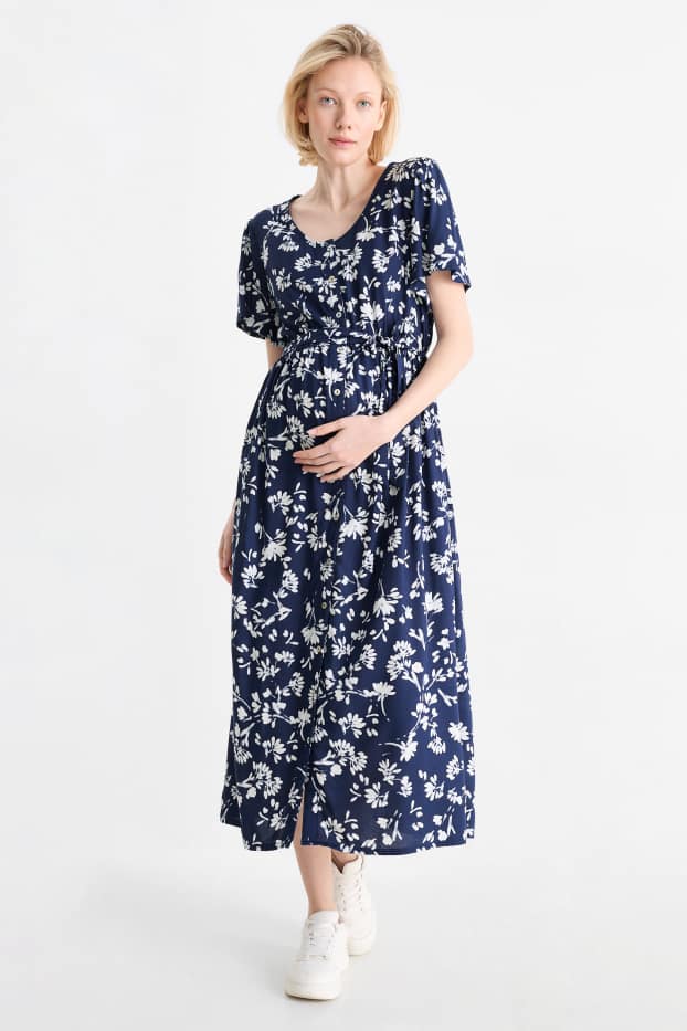 Dona - Vestit de lactància de viscosa amb coll en punta - de flors - blau