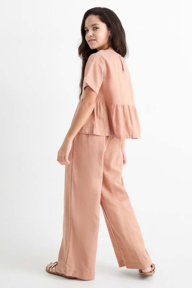 Enfants filles - Ensemble - chemisier et pantalon contenant du lin - 2 pièces - rose