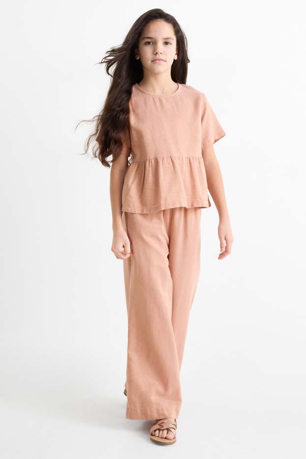 Enfants filles - Ensemble - chemisier et pantalon contenant du lin - 2 pièces - rose