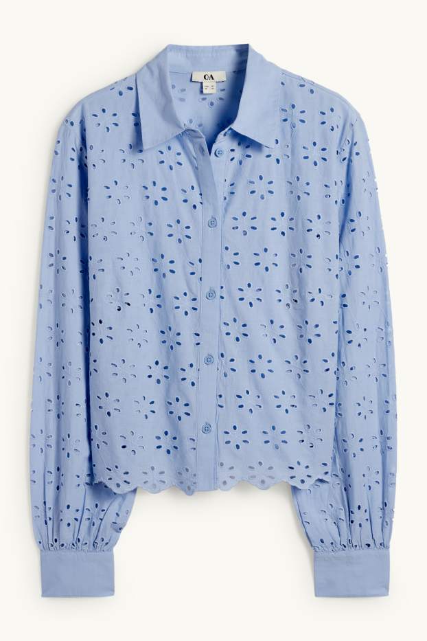 Damen - Bluse - Broderie Anglaise - hellblau
