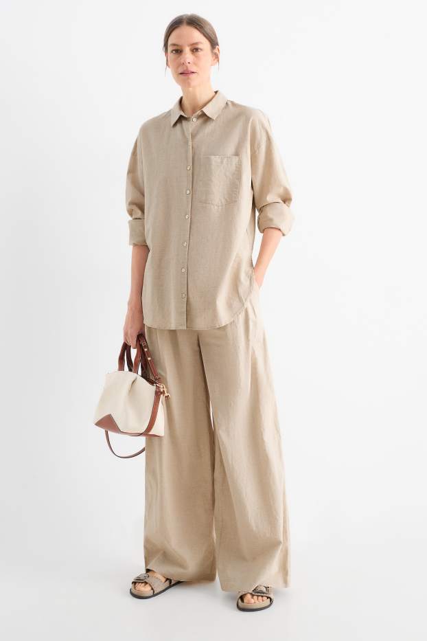 Damen - Stoffhose - High Waist - Wide Leg - Leinen-Mix - hellbeige
