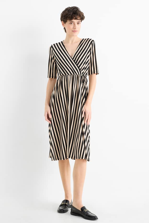 Femmes - Robe croisée - à rayures - beige