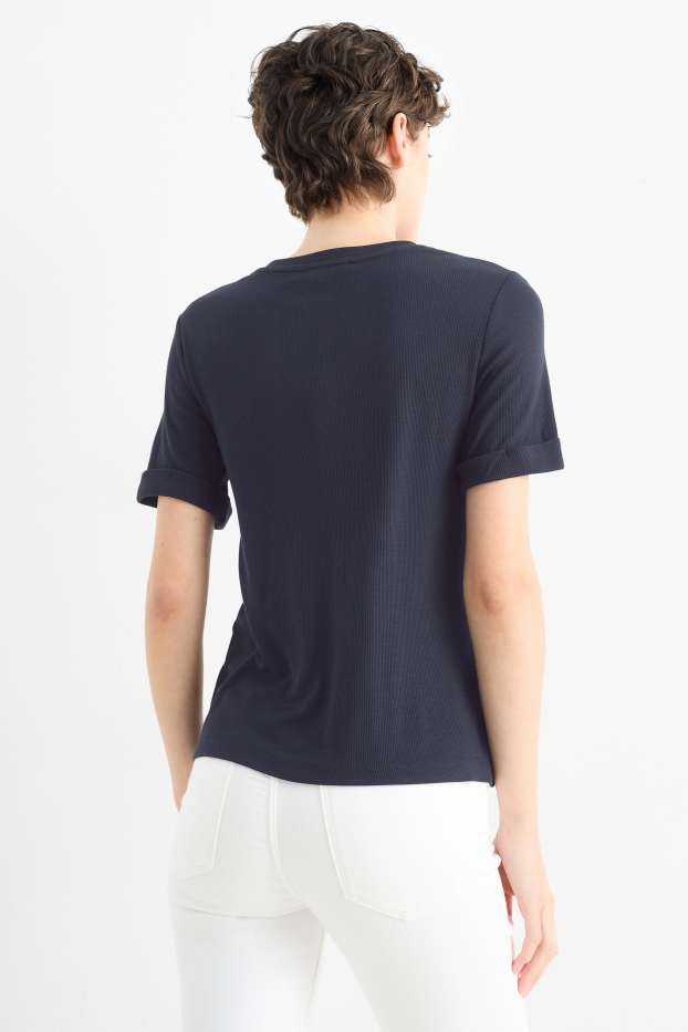 Femmes - Haut Henley - slim fit - finition côtelée - bleu foncé
