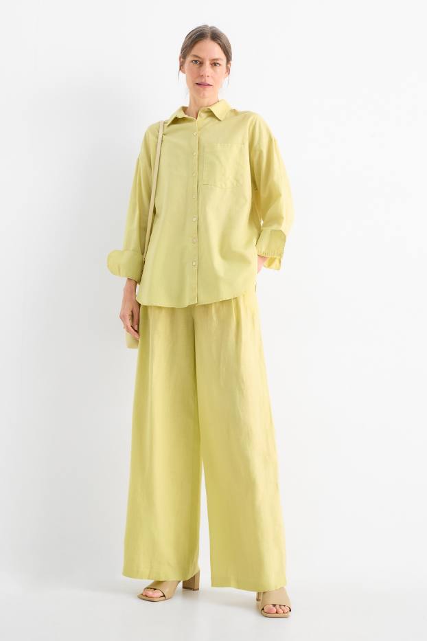 Donna - Pantaloni di lino - vita alta - gamba ampia - giallo