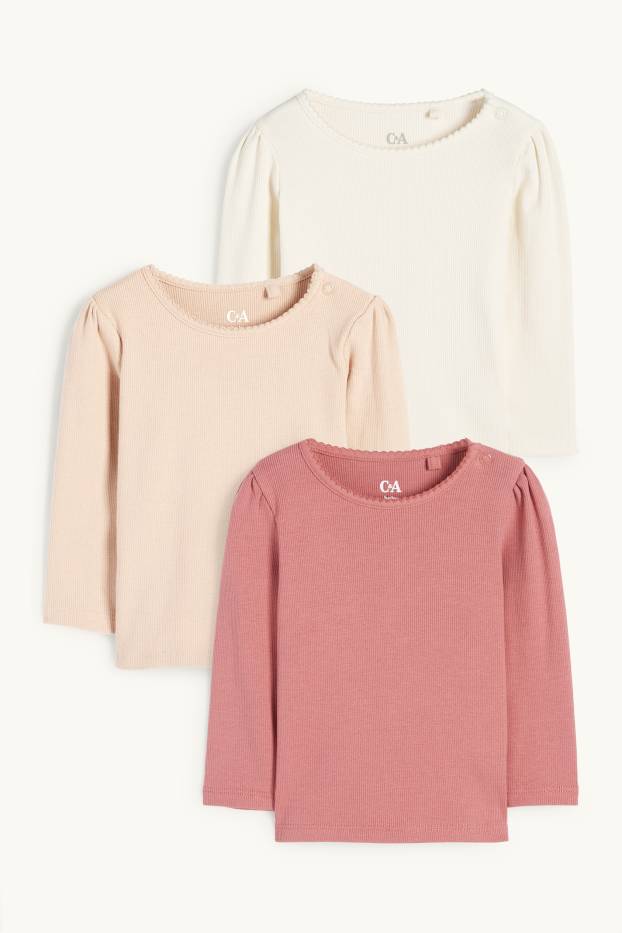 Bébés filles - Lot de 3 - haut à manches longues pour bébé - finition côtelée - blanc crème