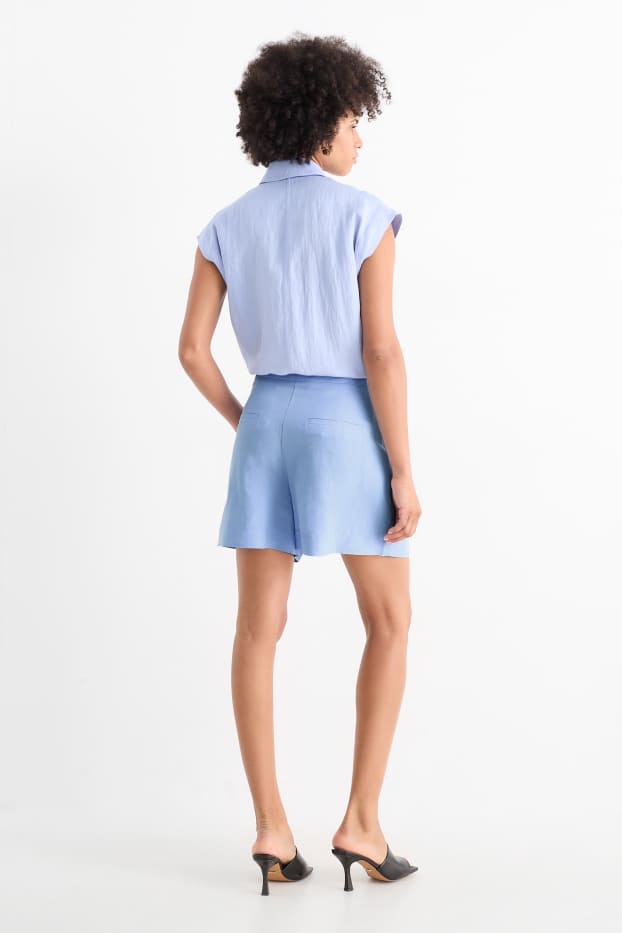 Dames - Korte broek, deels met linnen - high waist - lichtblauw