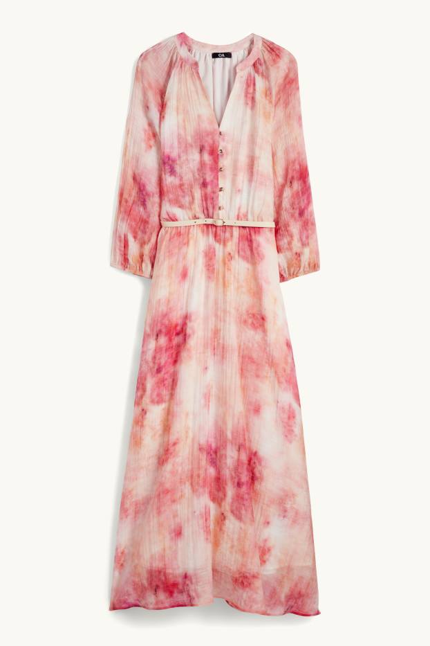 Donna - Vestito con scollo a V e cintura - fantasia - fucsia