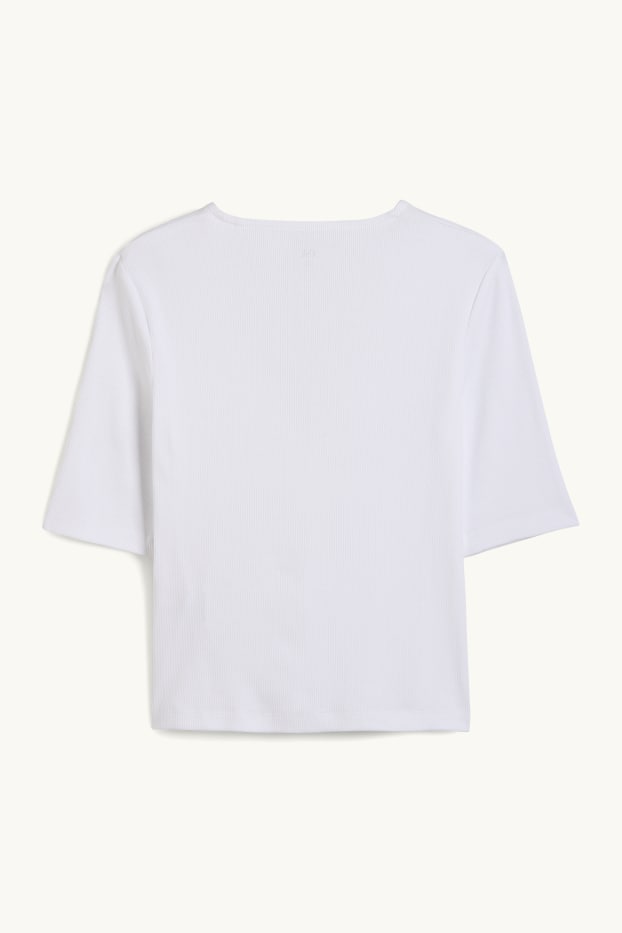Femmes - T-shirt à encolure en V - finition côtelée - blanc