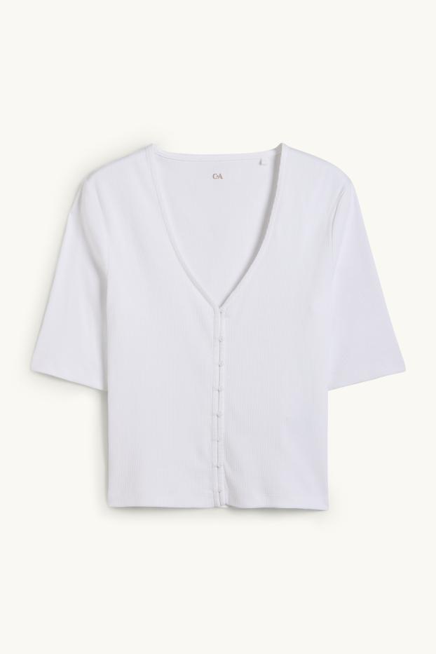 Femmes - T-shirt à encolure en V - finition côtelée - blanc