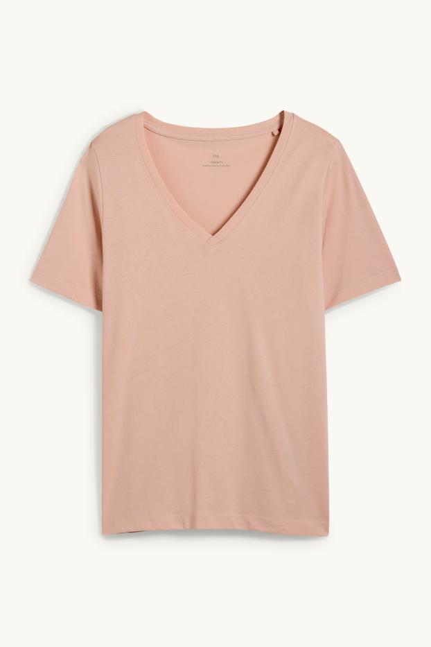Damen - T-Shirt mit V-Ausschnitt - Regular Fit - rosa