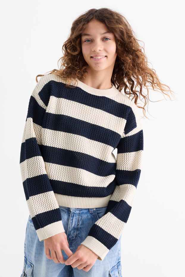 Children Girls - Jumper - striped - blue / creme