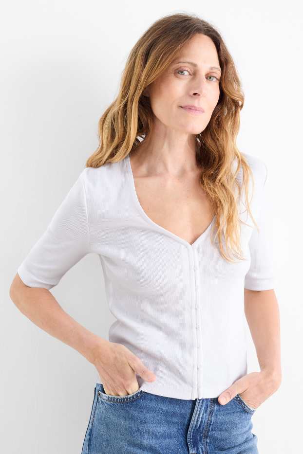 Femmes - T-shirt à encolure en V - finition côtelée - blanc