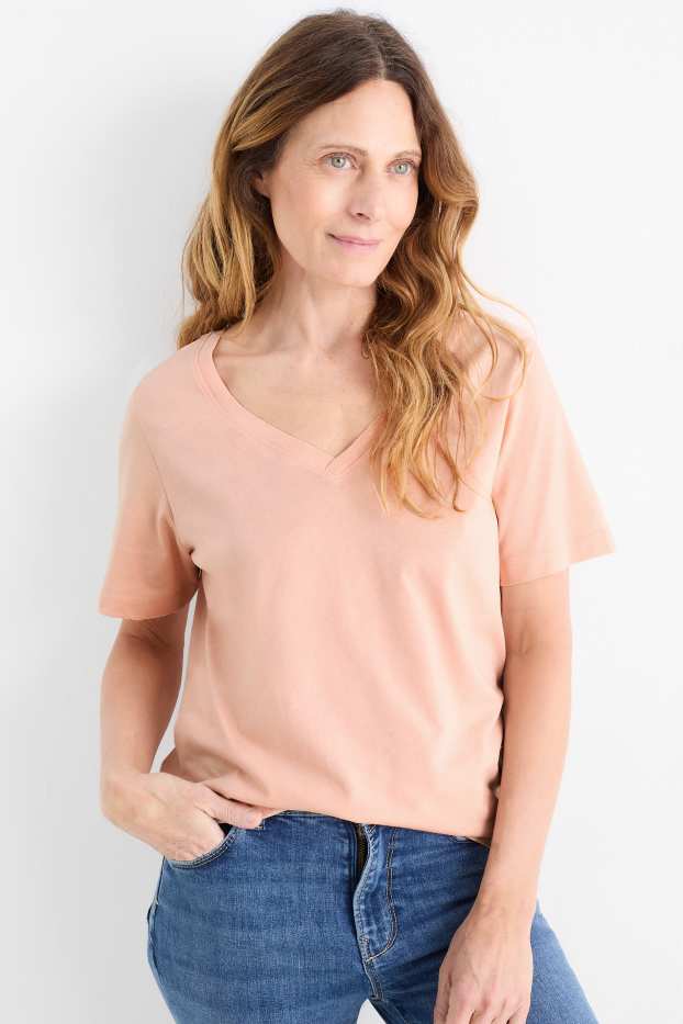 Damen - T-Shirt mit V-Ausschnitt - Regular Fit - rosa