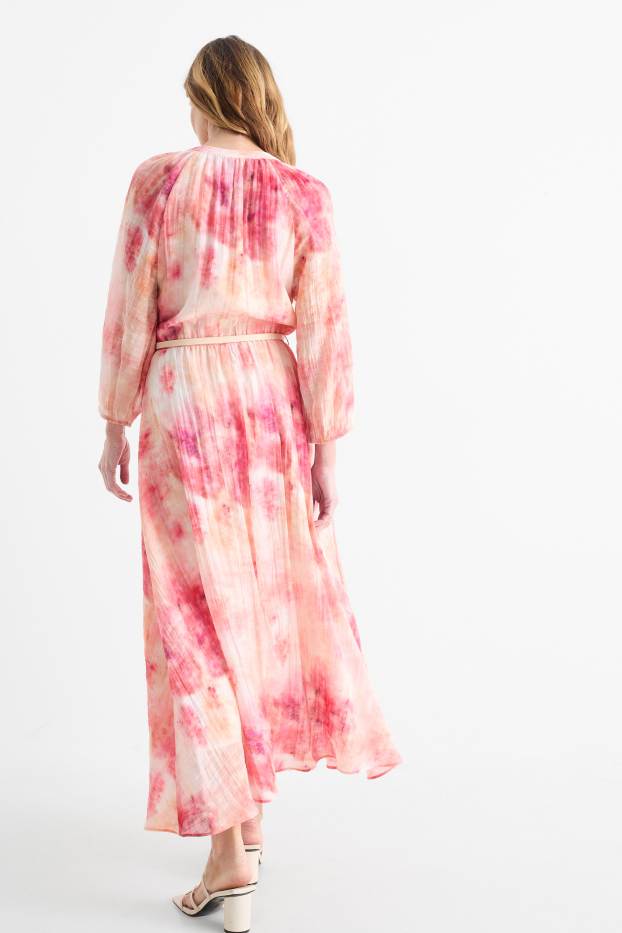 Donna - Vestito con scollo a V e cintura - fantasia - fucsia