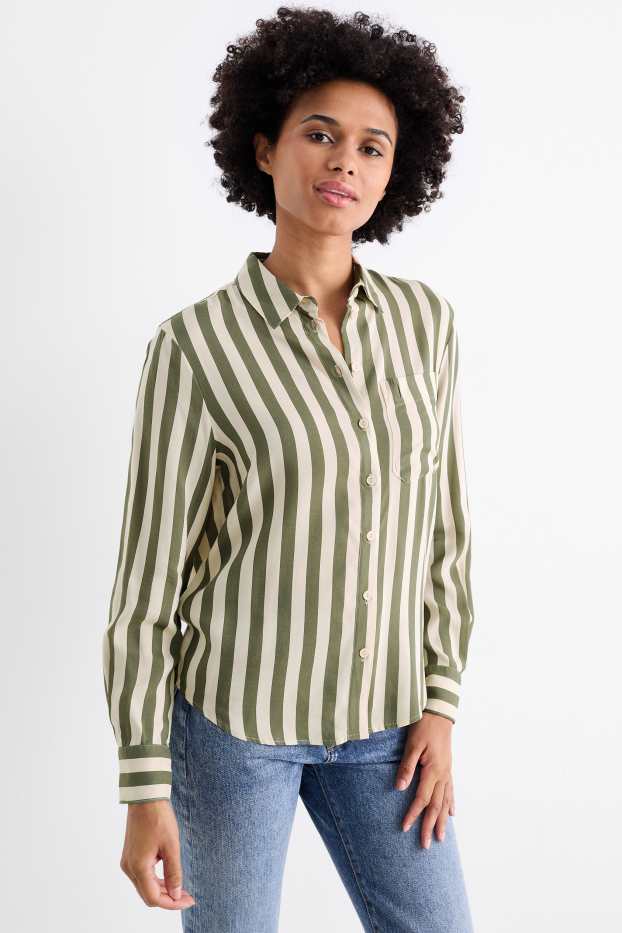 Damen - Bluse - gestreift - beige / grün