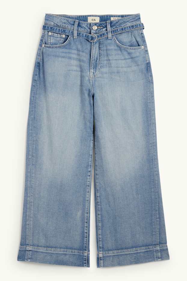 Dames - Korte wide leg jeans met riem - mid waist - jeanslichtblauw