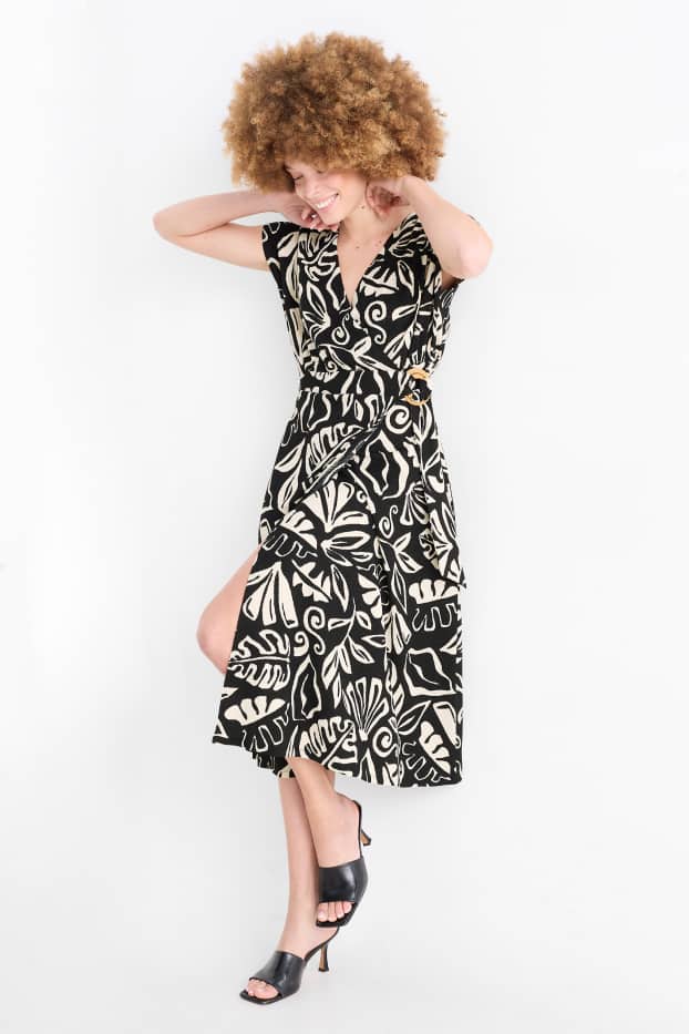 Donna - Vestito a portafoglio - con motivi - tessuto tramato - nero / beige