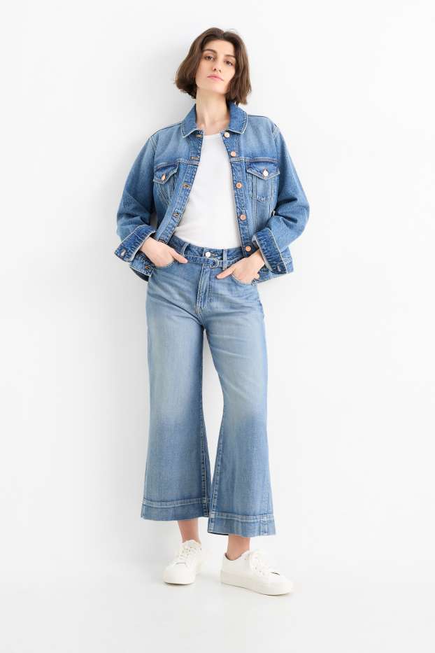 Dames - Korte wide leg jeans met riem - mid waist - jeanslichtblauw