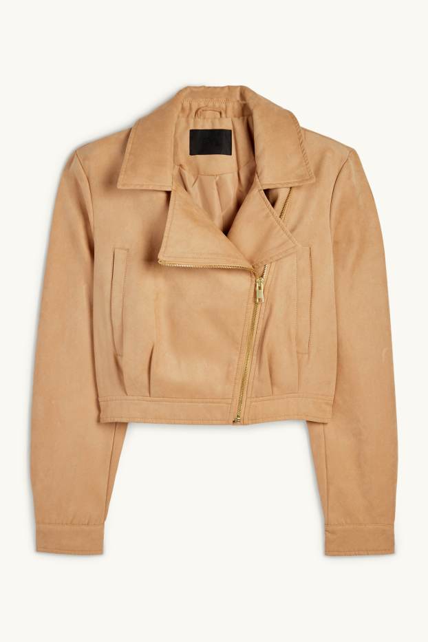 Damen - Crop Bikerjacke - Velourslederimitat - beige