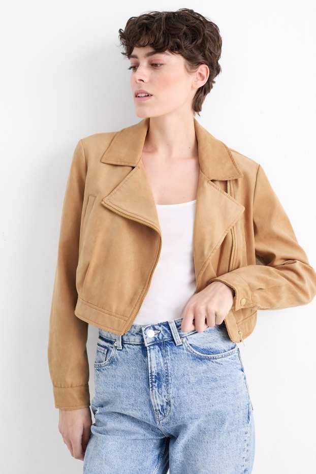 Damen - Crop Bikerjacke - Velourslederimitat - beige