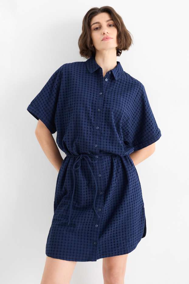 Damen - Blusenkleid - Broderie Anglaise - dunkelblau
