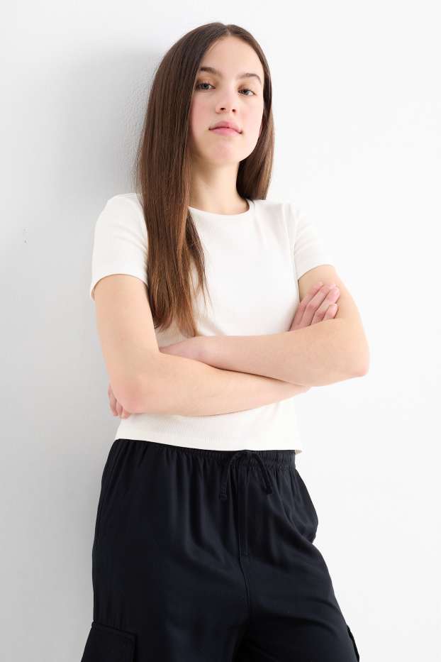 Enfants filles - Lot de 3 - T-shirts - côtelés - noir / blanc