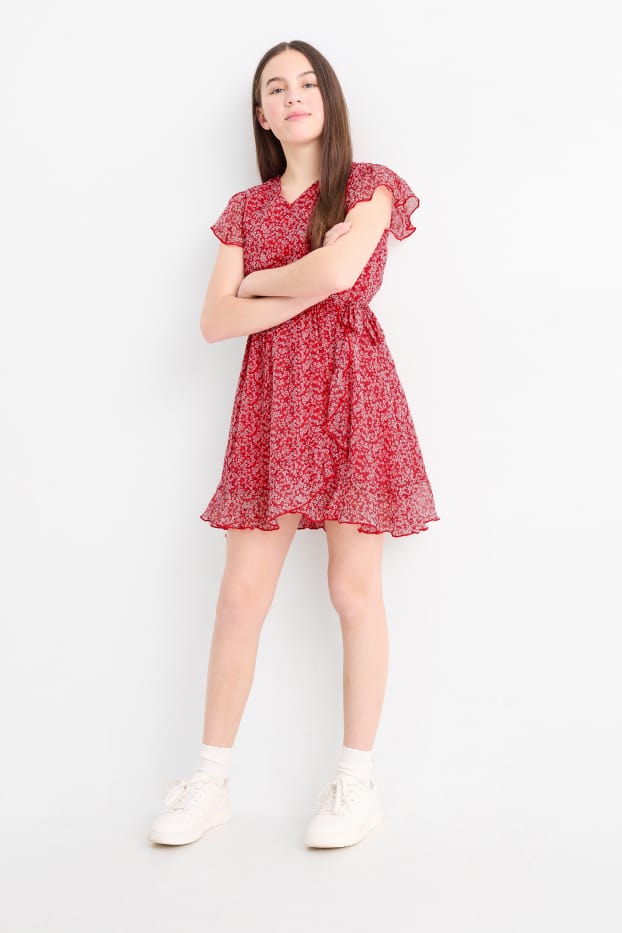 Enfants filles - Robe - à fleurs - rouge
