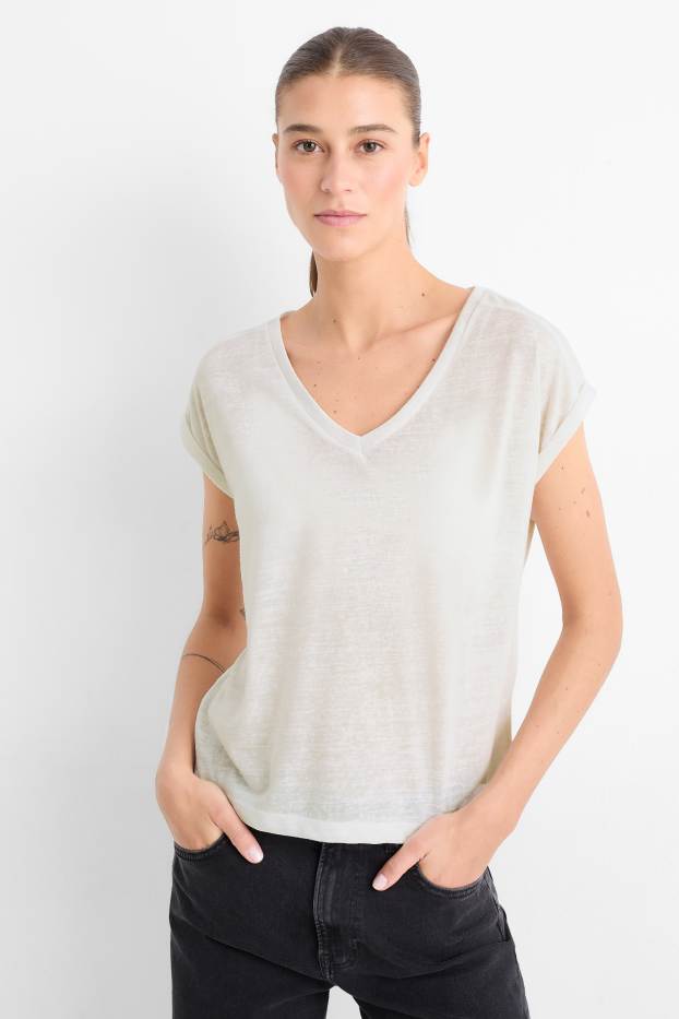 Femmes - T-shirt à col V - regular fit - blanc