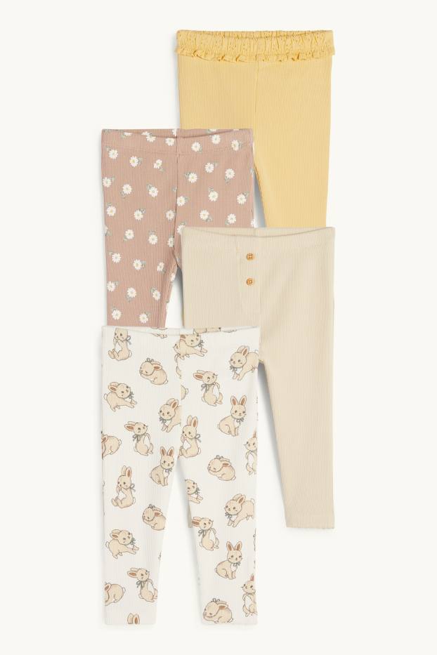 Baby Mädchen - Multipack 4er - Blümchen und Häschen - Baby-Leggings - hellbeige