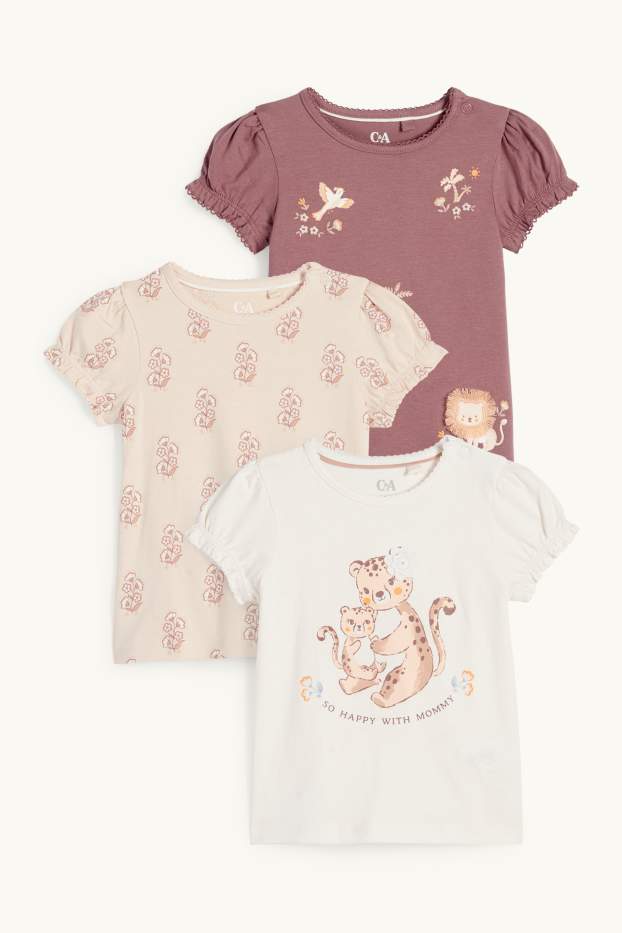 Baby Mädchen - Multipack 3er - Blümchen und Wildtiere - Baby-Kurzarmshirt - rosa