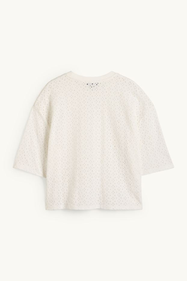 Women - T-shirt - relaxed fit - broderie anglaise - white