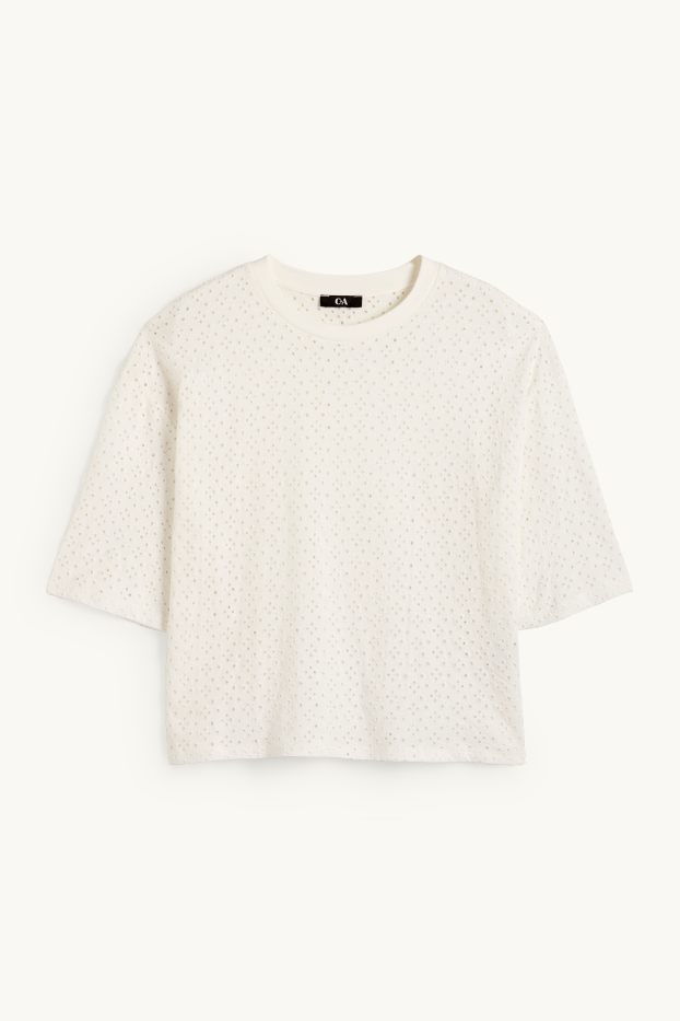 Women - T-shirt - relaxed fit - broderie anglaise - white