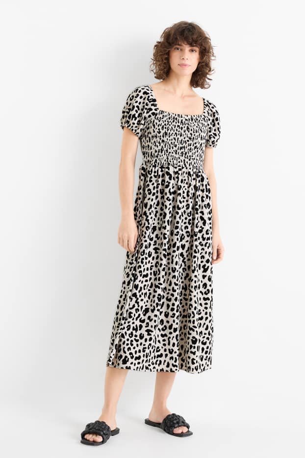 Dona - Vestit fit & flare - estampat de lleopard - estructurat - de punt de niu d'abella - negre/beix