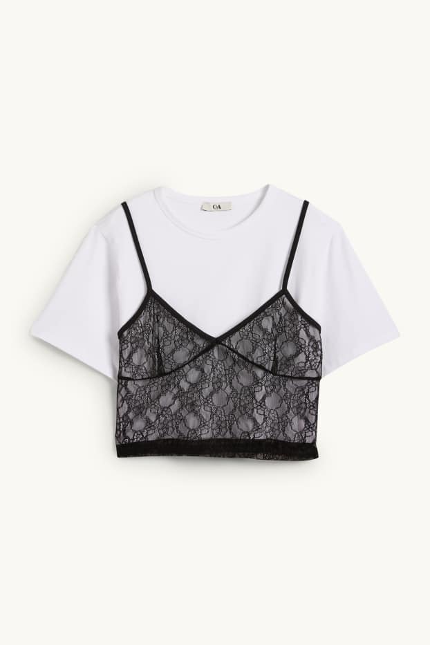 Dona - Samarreta de màniga curta crop - oversized - look 2 en 1 - blanc/negre
