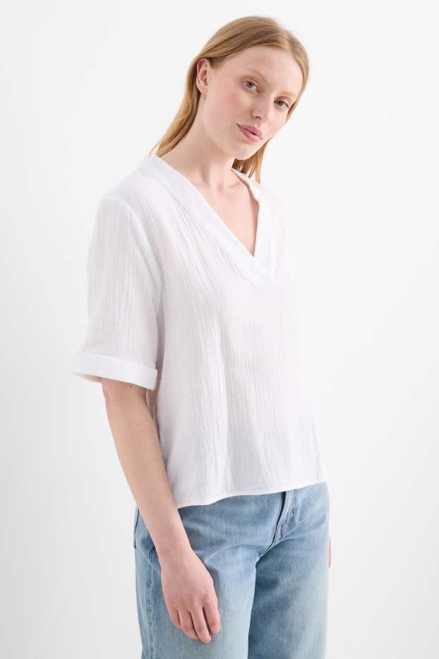 Damen - Musselin-Bluse mit V-Ausschnitt - weiß