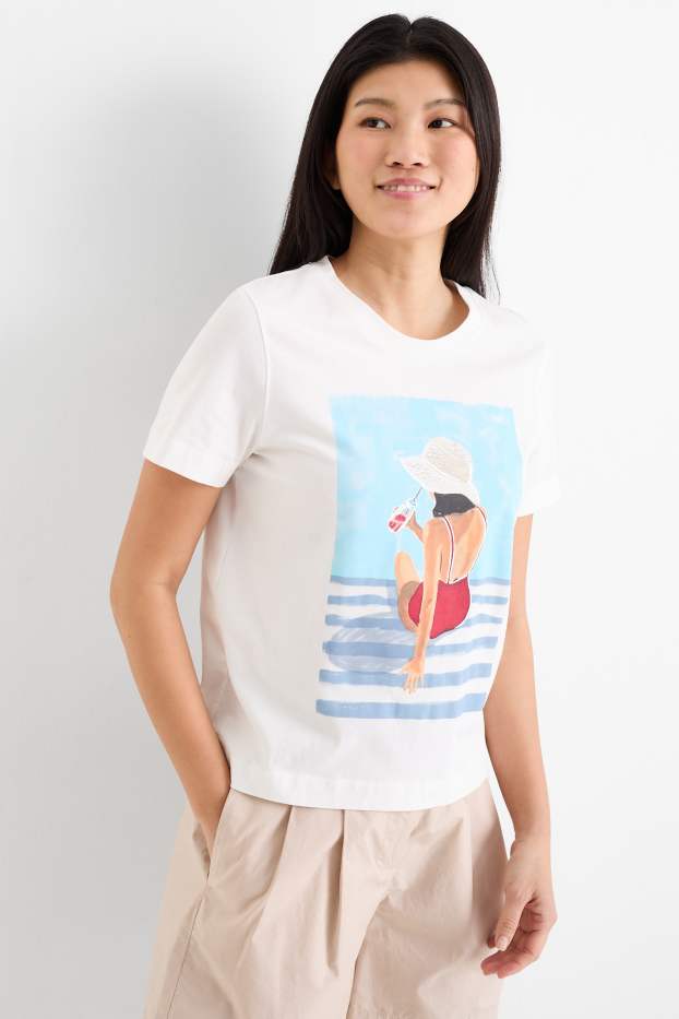 Mujer - Camiseta con pedrería - regular fit - blanco