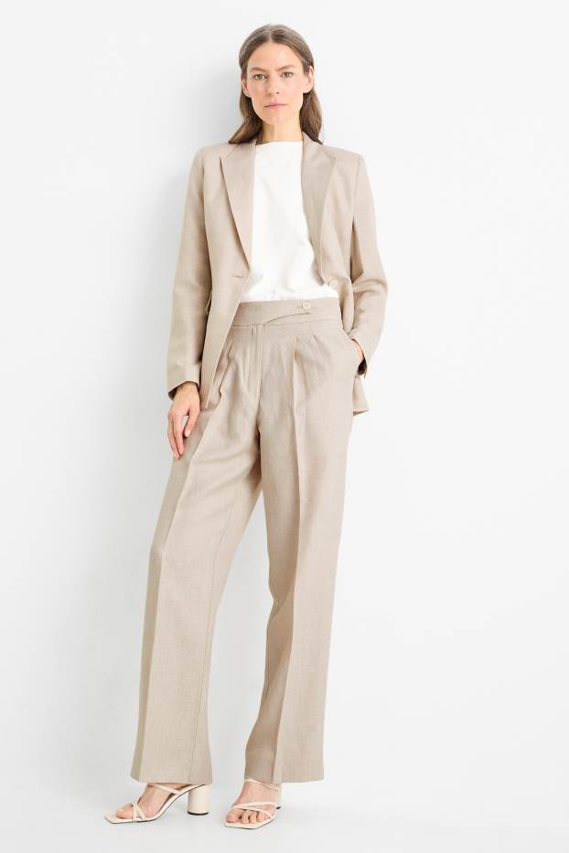 Women - Business trousers with linen content - high waist - wide leg - light beige