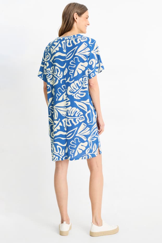 Women - Viscose V-neck dress - patterned - blue / beige
