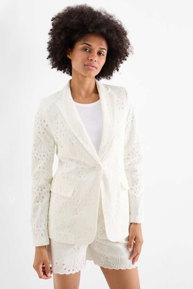 Femmes - Blazer long - regular fit - broderie anglaise - blanc crème