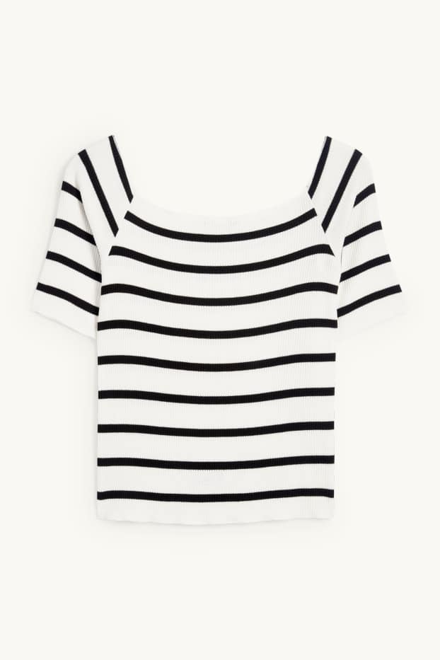 Femmes - T-shirt - regular fit - finition côtelée - à rayures - blanc / noir