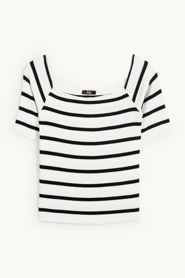 Femmes - T-shirt - regular fit - finition côtelée - à rayures - blanc / noir