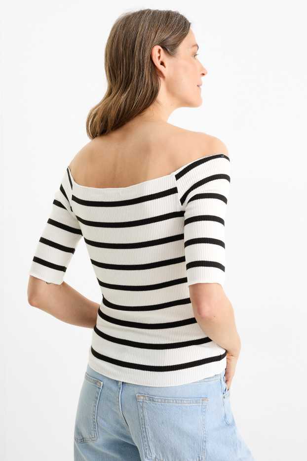 Femmes - T-shirt - regular fit - finition côtelée - à rayures - blanc / noir