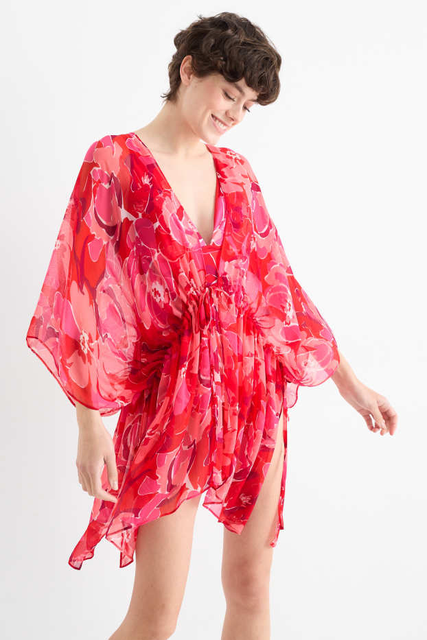 Femei - Kimono din șifon - cu flori - roz