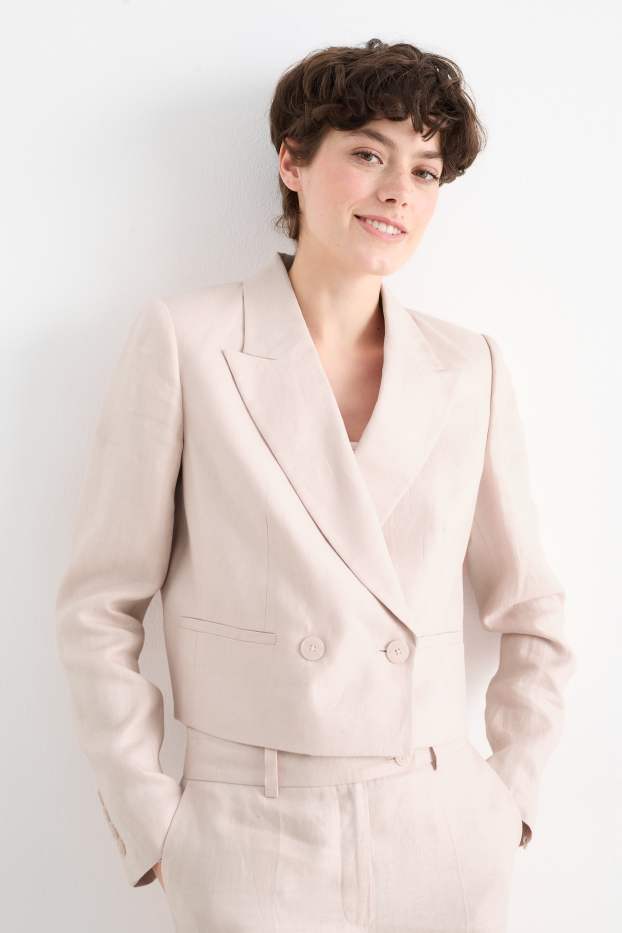 Damen - Crop Leinen-Blazer - Regular Fit - rosa