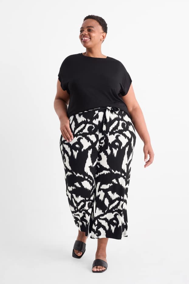 Women - Jersey trousers - mid-rise waist - wide leg - patterned - black / white