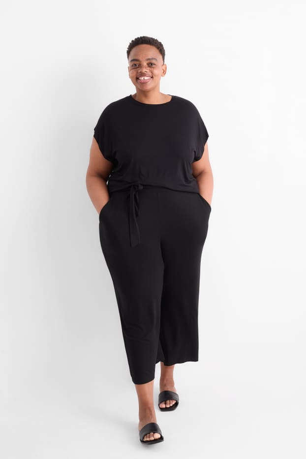 Femei - Pantaloni din jerseu - talie medie - wide leg - negru