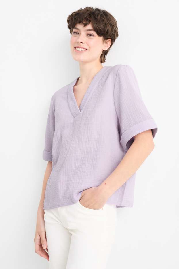 Donna - Blusa di mussola con scollo a V - viola chiaro