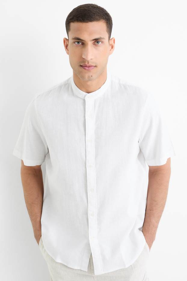 Herren - Hemd - Regular Fit - Stehkragen - Leinen-Mix - weiß