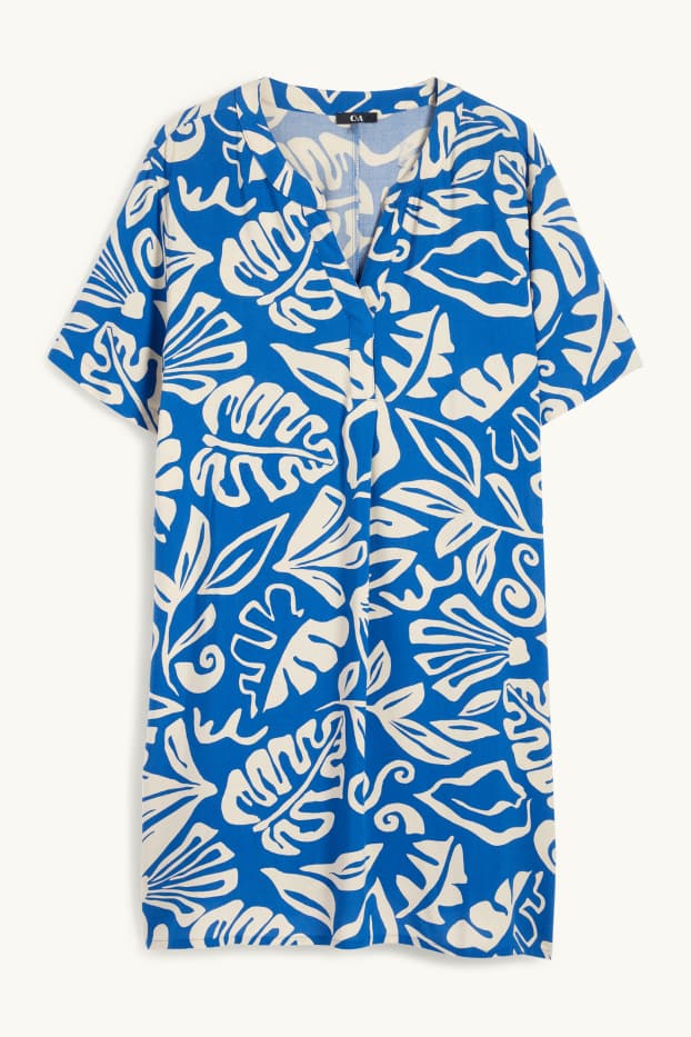 Women - Viscose V-neck dress - patterned - blue / beige